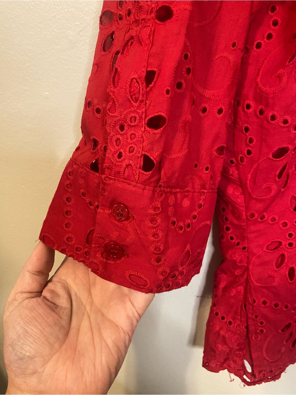 Zara ZW Collection Embroidered Poplin Shirt Red Eyelet Cutwork XL 8005/916 - Picture 10 of 10